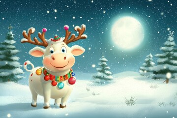 Cheerful cartoon reindeer in a snowy landscape