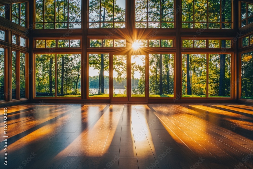 Poster sunlight streaming through large windows in a serene nature setting