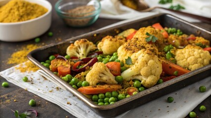 An artistic angle reveals a serving tray filled with a colorful array of roasted vegetables including goldenbrown cauliflower and vibrant green peas. A delicate shower of