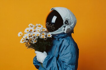 astronaut in blue space suit and helmet holding beautiful bouquet of white daisy flowers on bright yellow background