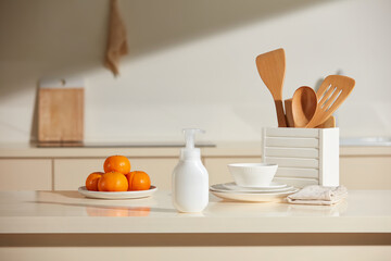 The promotional photo on kitchen background with many sunshine screaming on. A blank label pump...