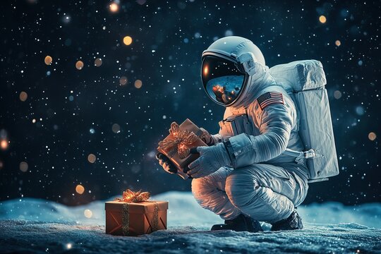astronaut in a white space suit and helmet presenting a beautifully wrapped Christmas gift box on a dark space background with bokeh universe - Powered by Adobe