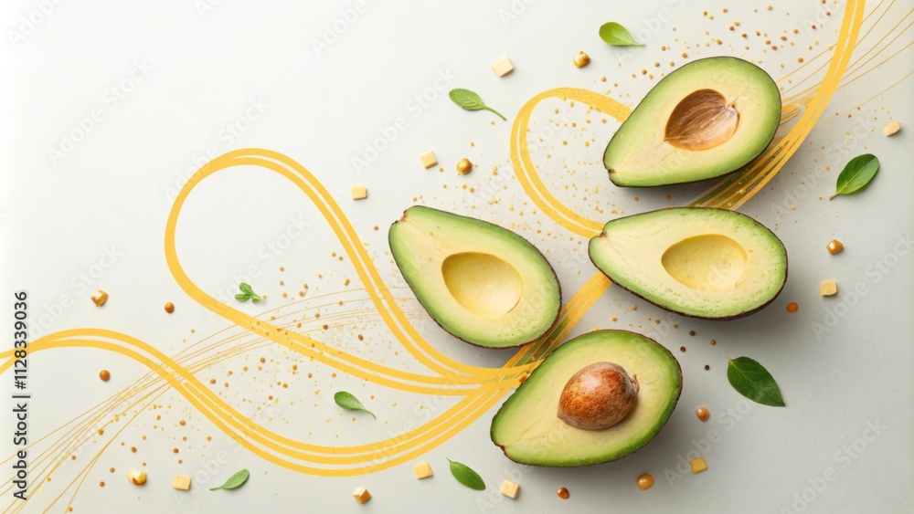 Poster an aesthetically pleasing arrangement of avocado slices each uniquely angled to catch the light. str