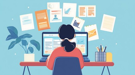 A student sitting at a desk with multiple open tabs on their laptop, exploring different online courses and educational platforms. 