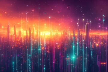 Futuristic cityscape with vibrant colors and lights