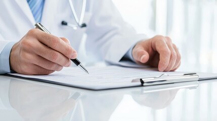 A doctor writing notes on a clipboard, focusing on patient care and documentation.