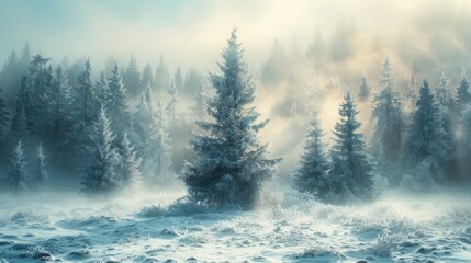 Fototapeta premium Winter season. magical creatures like snow fairies and ice dragons in a fairy tale ice forest. Misty landscape