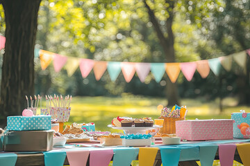Birthday celebration outdoors, picnic table filled with gifts and food. Copyspace on the right. Sunny lighting. Park background with trees and banners