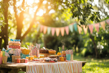 Birthday celebration outdoors, picnic table filled with gifts and food. Copyspace on the right. Sunny lighting. Park background with trees and banners