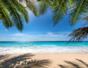 A serene tropical beach scene with turquoise waves gently lapping against white sand, framed by palm tree leaves, bright sunlight