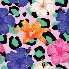 Floral seamless pattern with leaves on abstract leopard skin pattern 