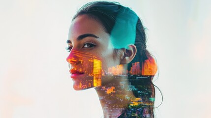double exposure portrait with city skyline