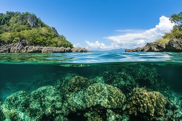 Fototapeta premium Underwater view of vibrant coral reef and clear water.