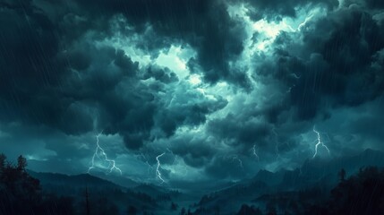 Obraz premium Stormy clouds swirl as rain falls, lightning flashes, trees sway, and mountains loom in chaotic beauty.