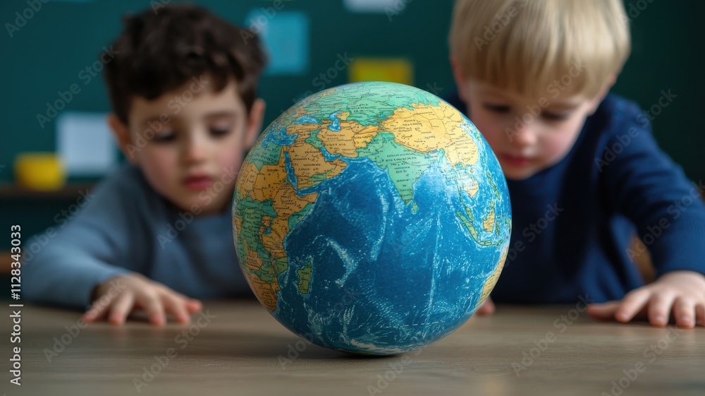 Poster two children observe a globe intently, exploring geography and learning about the world in a bright,