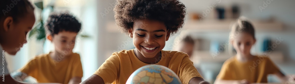 Poster a joyful child engages with a globe while peers collaborate, showcasing curiosity and learning in a 