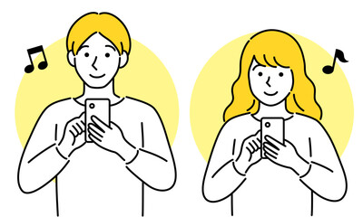 スマホを操作する若い男女の正面・自撮りするカップル・シンプルでポップなベクターイラスト