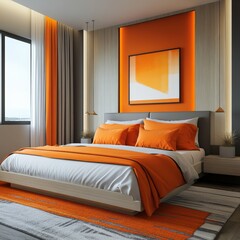 modern bedroom design with orange accents and cozy atmosphere