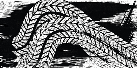 Auto tire tread grunge element. Car and motorcycle tire pattern, wheel tyre tread track. Black tyre print.