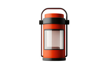 Classic camping lantern in vibrant orange and black design against a plain background