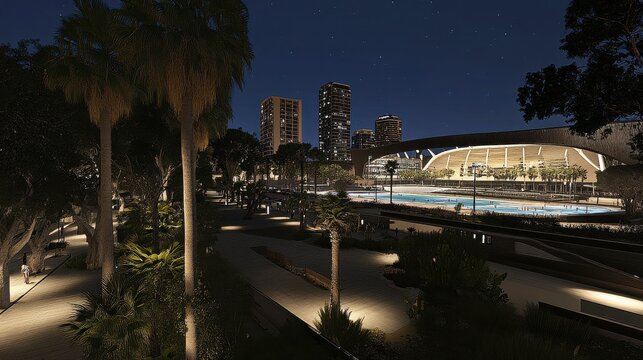 Night View of Stadium with Festive Atmosphere