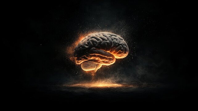 A fiery brain floats in a dark space, representing creativity, knowledge, and explosive ideas.