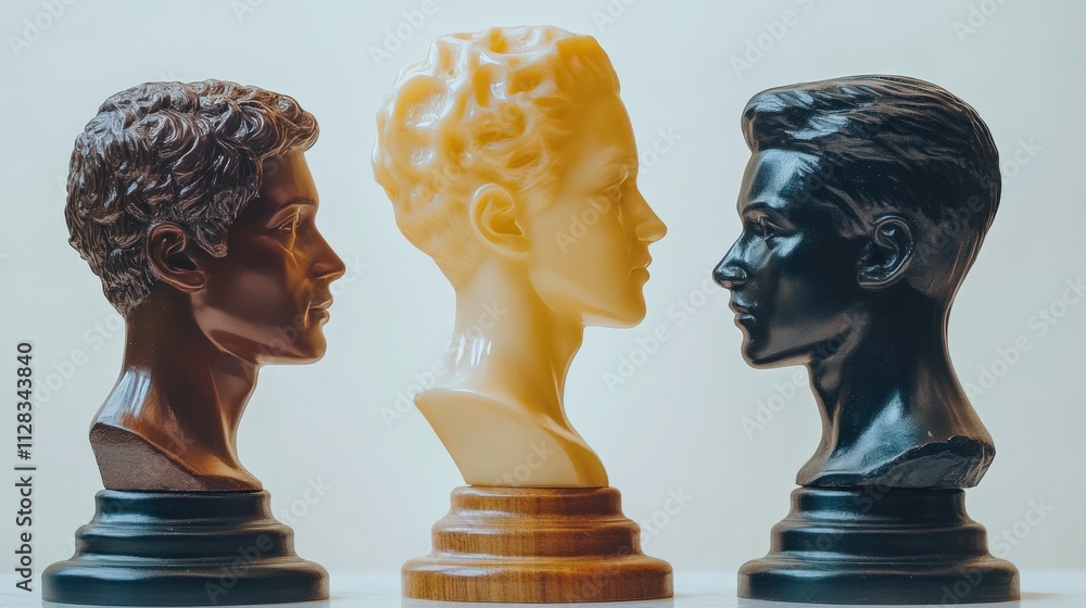 Poster elegant profile sculptures showcasing diverse human features in three distinct bust designs with uni