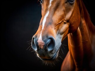 Naklejka premium Fine Art Horse Portrait, Black Background, Equine Photography, Horse Nose Close Up, Animal Art, Copy Space, Elegant Horse Image