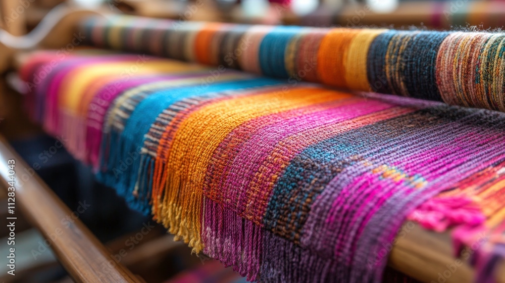 Poster Vibrant Array of Colorful Textiles Woven on a Loom Showcasing Fine Craftsmanship and Artistic Patterns in a Traditional Weaving Studio Setting