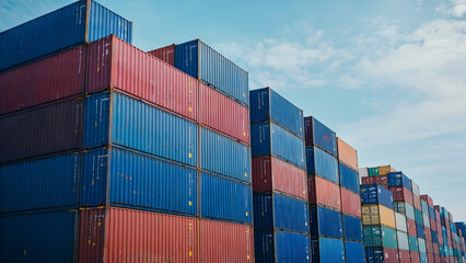 Stacked shipping containers, blue and red, under a bright sky..