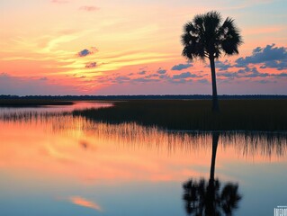 Fototapeta premium serene sunset over calm waters with palm tree silhouette