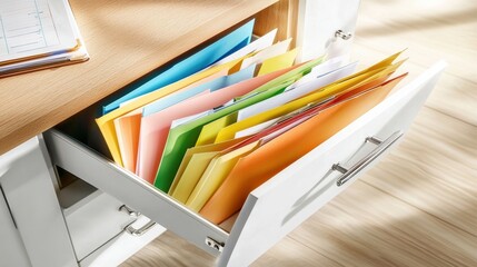 Colorful Files in Open Drawer.