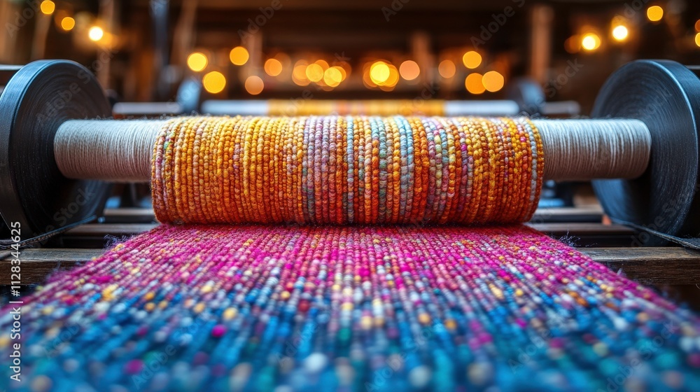 Poster vibrant textile production: a close-up view of colorful threads on a loom creating a beautiful patte