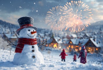 Obraz premium Schneemann in einer Schneelandschaft mit spielenden Kindern und Feuerwerk vor einer pitoresken Kleinstadt