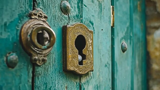 Vintage lock and keyhole on a weathered turquoise door provide charm and history to the entryway in an old town