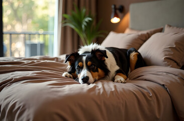 Obraz premium Generated image a large double bed is covered with Mocha Mousse-colored bed linen. A cat sleeps on the bed. Light brown modern bedroom interior. Design solutions with color of the year 2025 Pantone Mo