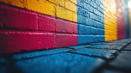 Colorful painted brick wall and pavement.