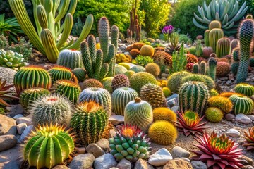 Obraz premium Diverse Cactus and Succulent Collection in Rock Garden