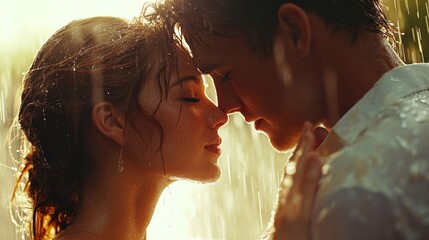 Fototapeta premium Couple Embracing In Gentle Rain Sunlight