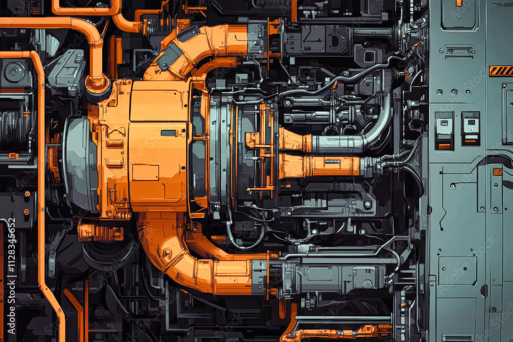 Poster intricate design of hyperrealistic engine pipes and wires showcases the fusion of engineering and ar