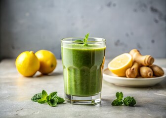 Fototapeta premium Green Power Smoothie: Refreshing Lemon Ginger Detox Drink for Energy & Vitality