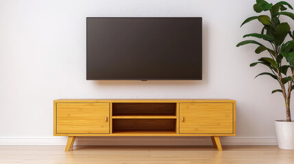 bamboo eco-friendly furniture concept. Modern bamboo TV stand with integrated shelves and plant