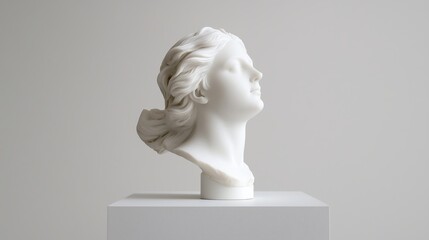 Elegant white sculpture of a woman's head displayed on a simple pedestal in a minimalist art space