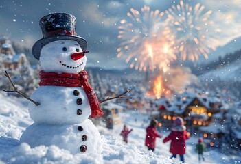 Fototapeta premium Schneemann in einer Schneelandschaft mit spielenden Kindern und Feuerwerk vor einer pitoresken Kleinstadt