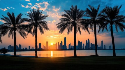 Obraz premium silhouette of palm trees against a vibrant sunset skyline