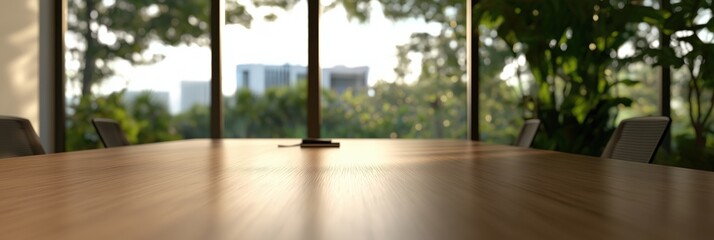 Fototapeta premium A stylish office meeting room bathed in natural light, showcasing a sleek table and lush greenery visible through large glass windows, promoting a productive atmosphere.