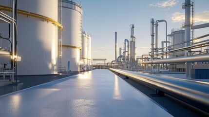 Obraz premium Industrial Pipes and Tanks: A network of large pipes connecting multiple fermentation tanks at a biogas facility. 
