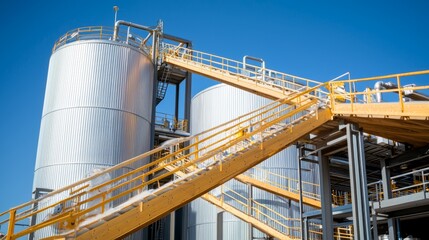 Industrial Pipes and Tanks: A network of large pipes connecting multiple fermentation tanks at a biogas facility.
