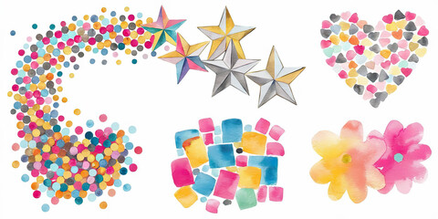 Obraz premium Colorful Watercolor Hearts Stars Confetti Flowers Mosaic Design