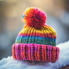colorful knitted hat with pom pom on snow